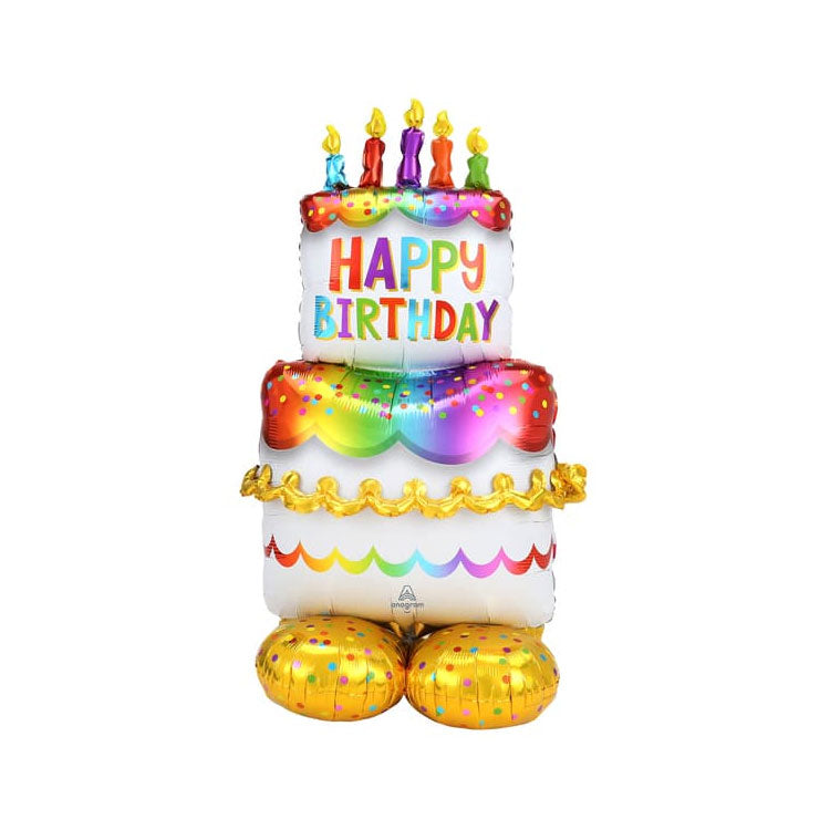 Colorful inflatable birthday cake balloon with candles on a white background