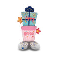 Decorative balloon shaped like a birthday gift with 'Happy Birthday' text on a white background
