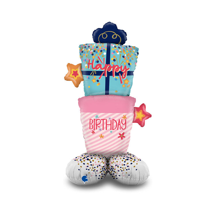 Decorative balloon shaped like a birthday gift with 'Happy Birthday' text on a white background