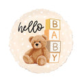 Neutral tones 18-inch round balloon with 'Hello BABY' on it and a teddy bear.