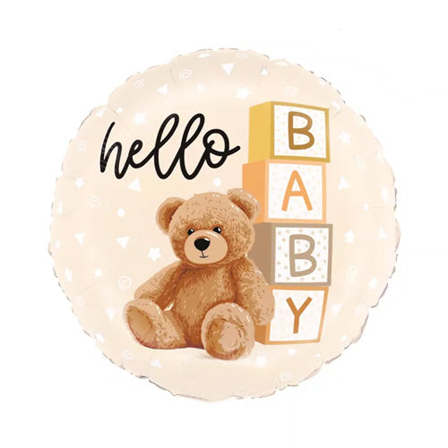 Neutral tones 18-inch round balloon with 'Hello BABY' on it and a teddy bear.