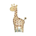 Giraffe shaped balloon with hello BABY written on it in white text