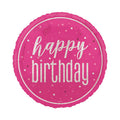 Hot pink round balloon with white writing of 'happy birthday' on the front and with a white circle/line around the outside of the balloon.
