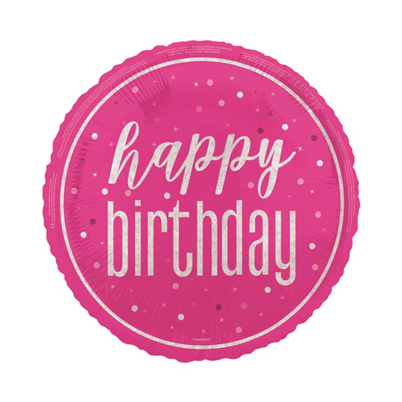 Hot pink round balloon with white writing of 'happy birthday' on the front and with a white circle/line around the outside of the balloon.