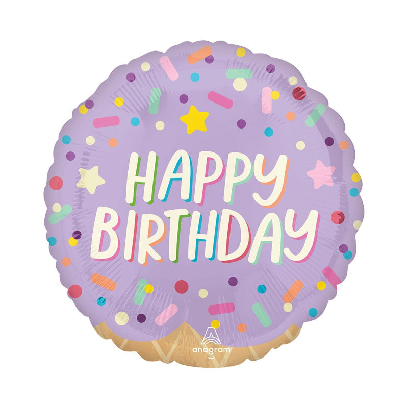 Ice cream party happy birthday 17-inch helium balloon with lilac colour on one side and turquoise on the other. 