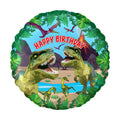 Round balloon featuring red happy birthday text with 2 big tyrannosaurus rex creatures and 2 smaller dinosaurs.