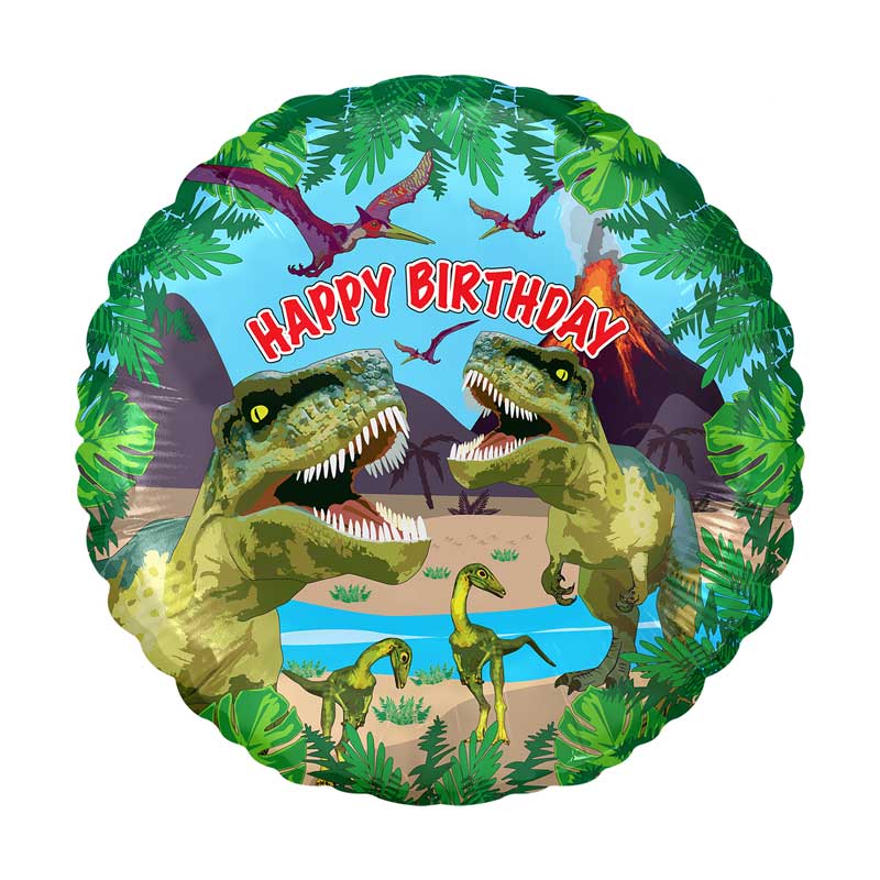 Round balloon featuring red happy birthday text with 2 big tyrannosaurus rex creatures and 2 smaller dinosaurs.