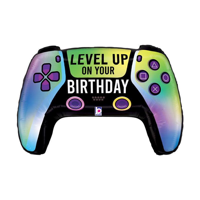 Colorful inflatable game controller balloon with 'Level Up on Your Birthday' text on a white background