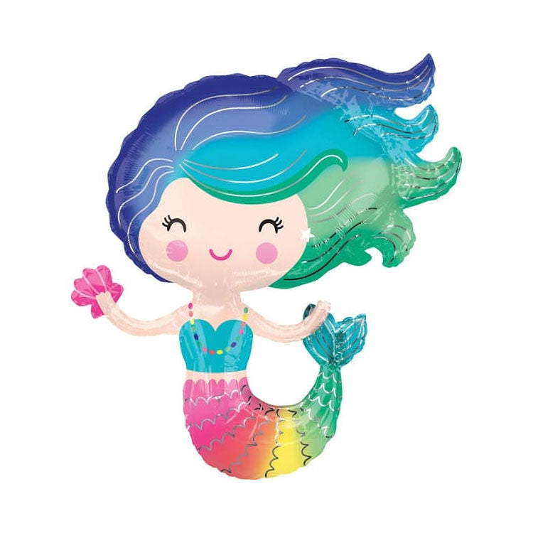 Colorful mermaid-shaped balloon with a gradient hair colour on a white background
