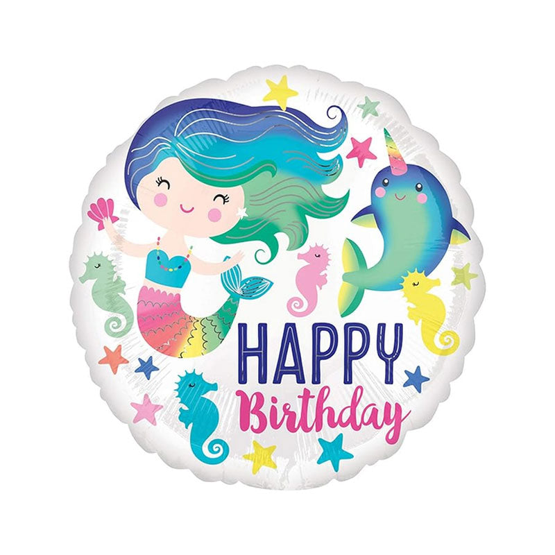 A balloon with white background and multicolour mermaid girl with sea life animals