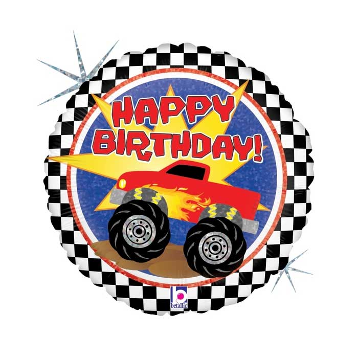 Round balloon with chequered outer part and red monster truck in the middle with happy birthday! in red writing