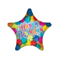 Colourful star-shaped balloon with 'Happy Birthday' text and colourful balloon patterns