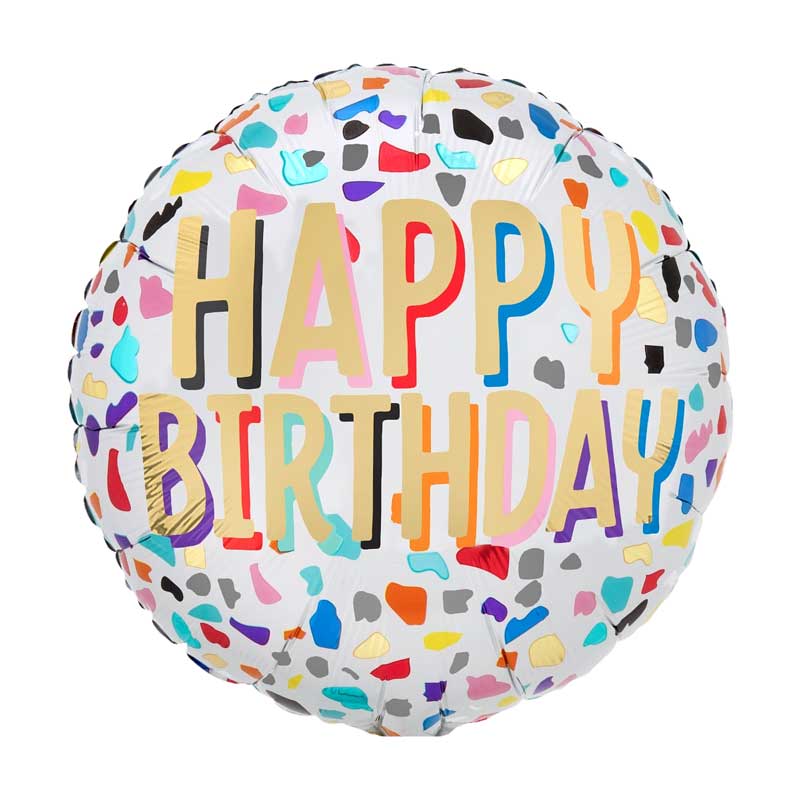 Multi-colour happy birthday balloon featuring geometric shapes and gold writing