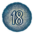 Navy blue and metallic gold sparkly background with gold '18' lettering with a blue border