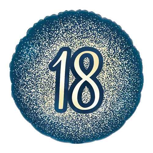 Navy blue and metallic gold sparkly background with gold '18' lettering with a blue border
