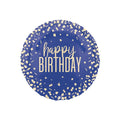 Blue/purple birthday balloon with gold confetti around the outside edges and 'happy birthday' text