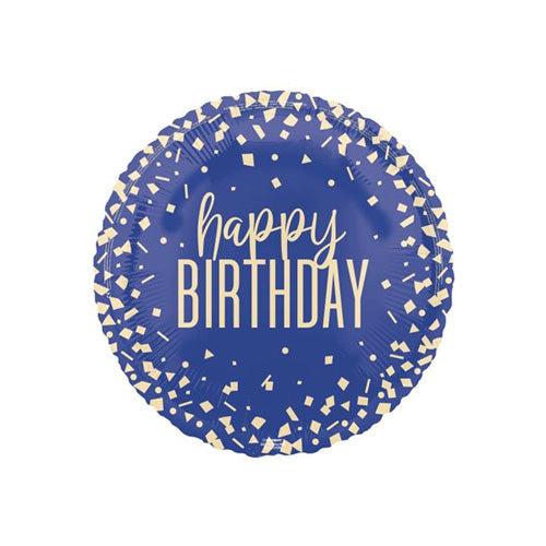 Blue/purple birthday balloon with gold confetti around the outside edges and 'happy birthday' text