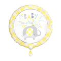 18-inch round helium balloon with yellow outer edge, grey elephant and the word 'BABY', on a white background.
