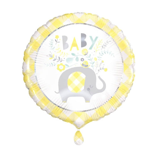 18-inch round helium balloon with yellow outer edge, grey elephant and the word 'BABY', on a white background.