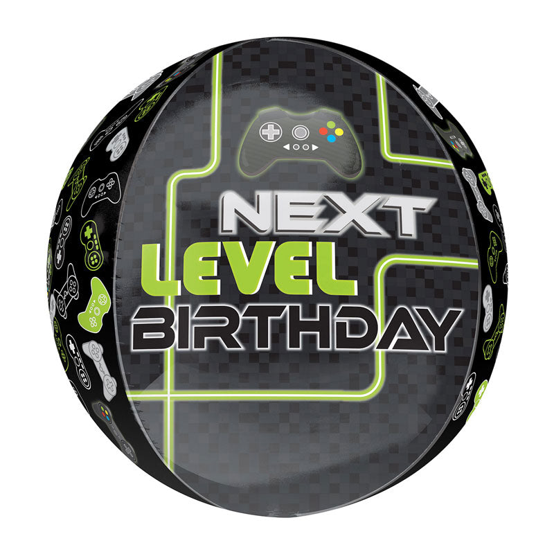 Black ball shaped balloon with green, white and black writing saying 'Next level birthday'