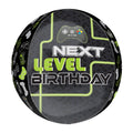 Black ball shaped balloon with green, white and black writing saying 'Next level birthday'