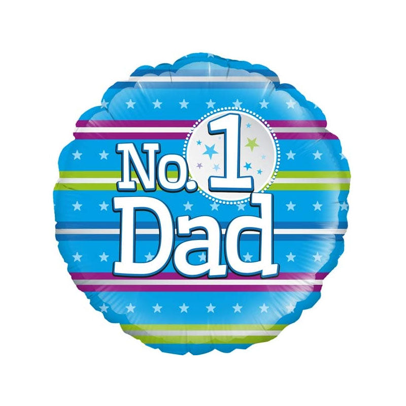 Green and burgundy coloured stripes on a blue balloon with No. 1 Dad written on the front