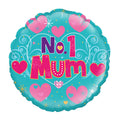 Decorative balloon with 'No. 1 Mum' text and pink hearts on a blue background