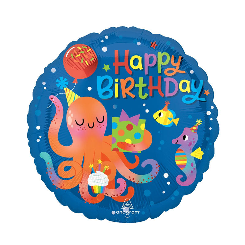 Round balloon with blue background, an orange octopus holding presents and happy birthday in primary colours