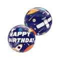 A space-themed navy blue bubble balloon with rockets, planets, and the text 'Happy Birthday' on a white background.