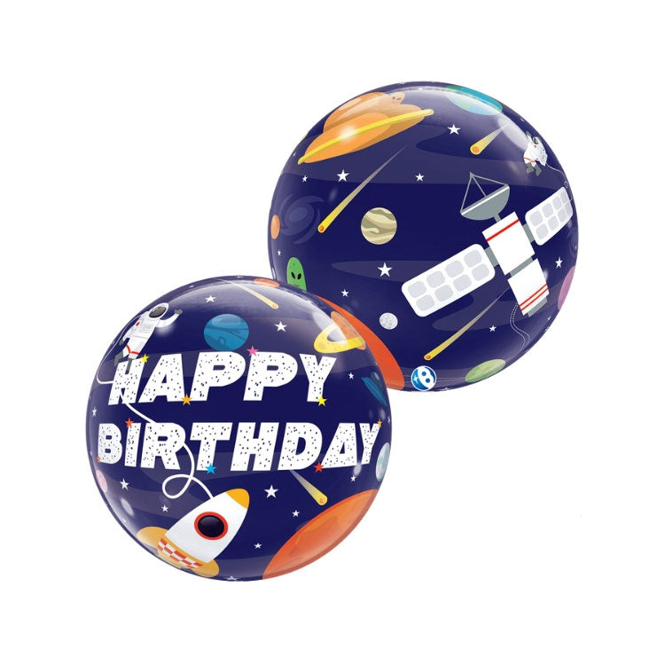 A space-themed navy blue bubble balloon with rockets, planets, and the text 'Happy Birthday' on a white background.
