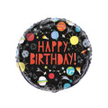 Black balloon with colourful space-related drawings and happy birthday! written in red text.