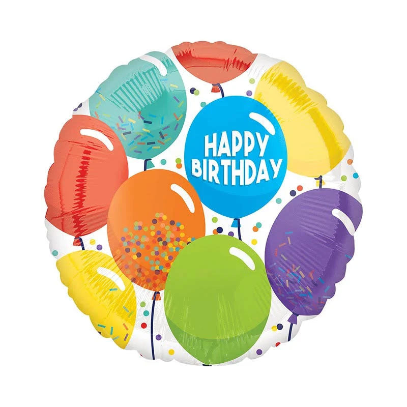 A white background round balloon featuring multiple coloured party balloon illustrations with happy birthday written on the blue balloon.