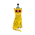 Inflatable cheetah wearing sunglasses and a party hat on a white background