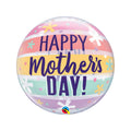 Large clear ball shaped balloon with pastel colour stripes and Happy Mother's Day! printed in dark purple text.