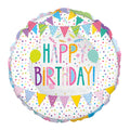 Patchwork design balloon with multiple colours, white background and colourful party-themed text saying Happy Birthday
