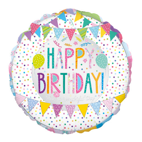 Patchwork design balloon with multiple colours, white background and colourful party-themed text saying Happy Birthday