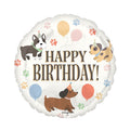 White background round balloon featuring 3 puppy dogs and the wording HAPPY BIRTHDAY! Dotted around are pastel coloured balloon shapes. 