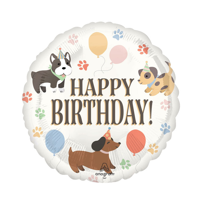 White background round balloon featuring 3 puppy dogs and the wording HAPPY BIRTHDAY! Dotted around are pastel coloured balloon shapes. 