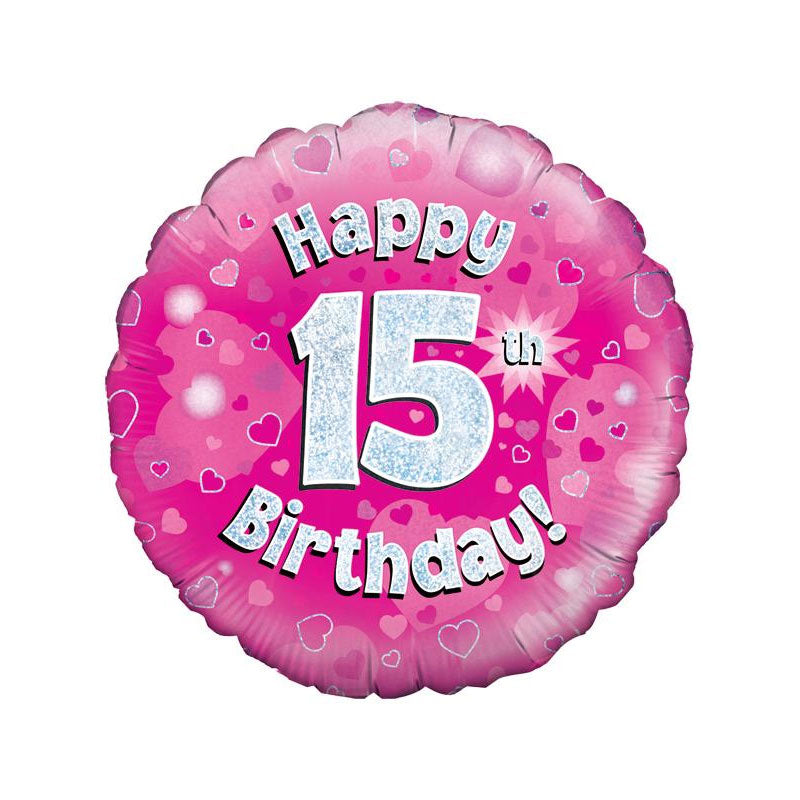 Pink balloon with 'Happy 15th Birthday!' text on a white background