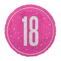 Bright pink '18' balloon in silver writing with dots in the background