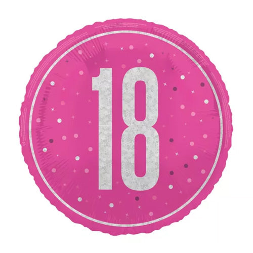 Bright pink '18' balloon in silver writing with dots in the background