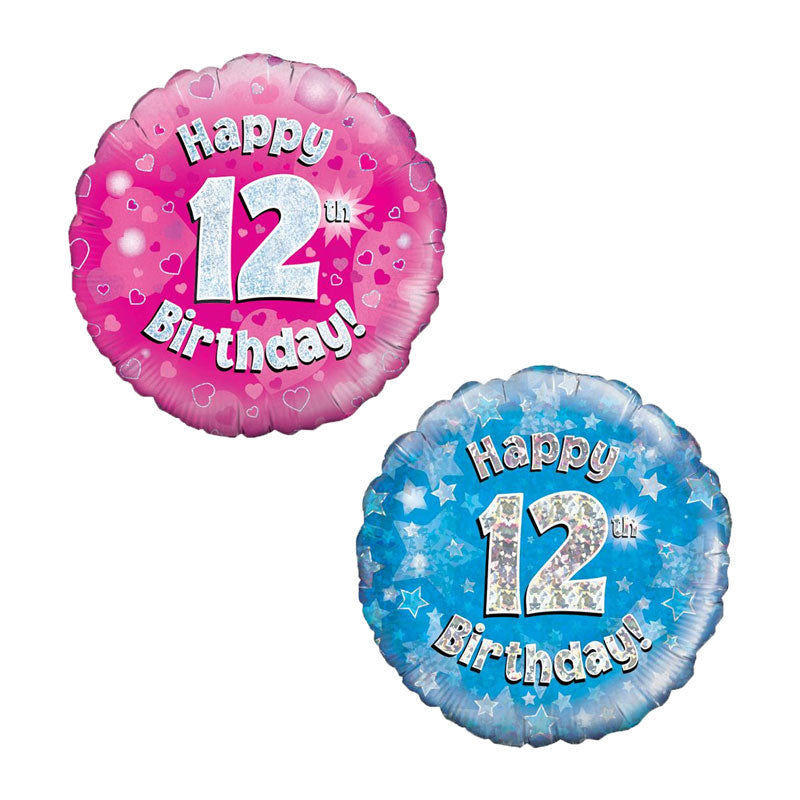 Two birthday balloons, one pink and one blue, with 'Happy 12th Birthday!' text.