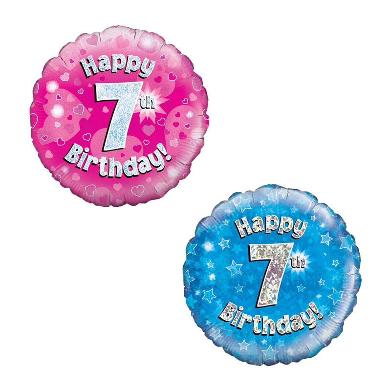 Two birthday balloons, one pink and one blue, with 'Happy 7th Birthday!' text.