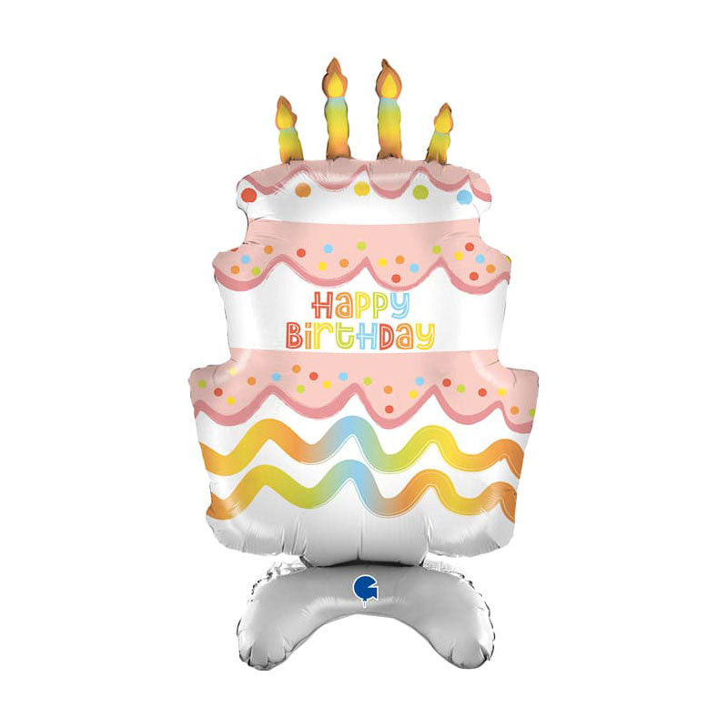 Balloon shaped like a birthday cake with candles and 'Happy Birthday' text on a white background