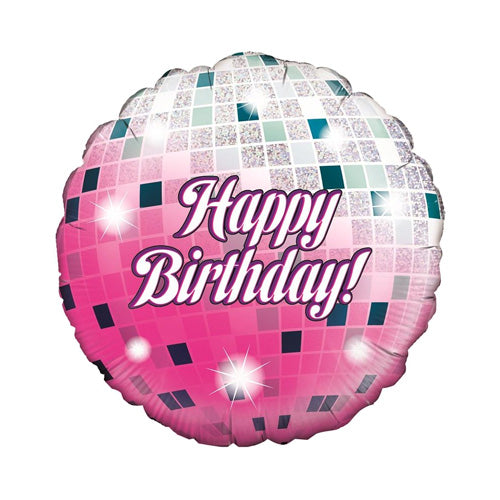 Pink and white disco Happy Birthday 18-inch helium balloon