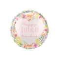 Pink background round ballon with watercolour flowers around the outer edge and 'Happy BIRTHDAY Grandma' lettering in dark pink.