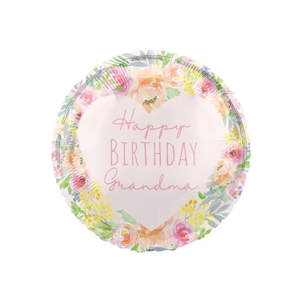 Pink background round ballon with watercolour flowers around the outer edge and 'Happy BIRTHDAY Grandma' lettering in dark pink.