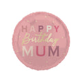18-inch round balloon with a pastel pink background and multi-coloured lettering saying Happy Birthday MUM