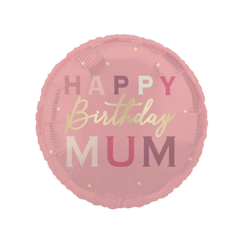 18-inch round balloon with a pastel pink background and multi-coloured lettering saying Happy Birthday MUM