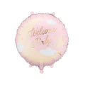Pink round balloon with welcome baby written on it and a beige coloured half moon